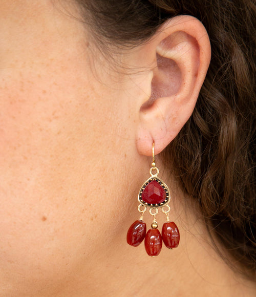 Filigreed Merlot Red Quartz Golden Drop Earrongs - Barse Jewelry