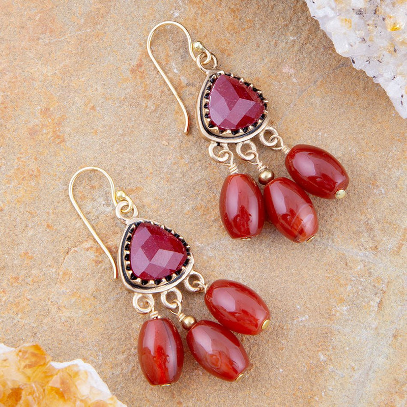 Filigreed Merlot Red Quartz Golden Drop Earrongs - Barse Jewelry