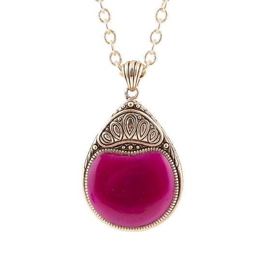 Flamenco Pink Magenta Agate Golden Pendant Necklace