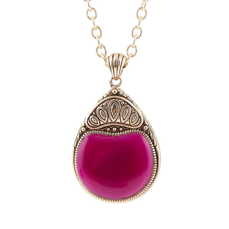 Flamenco Pink Magenta Agate Golden Pendant Necklace