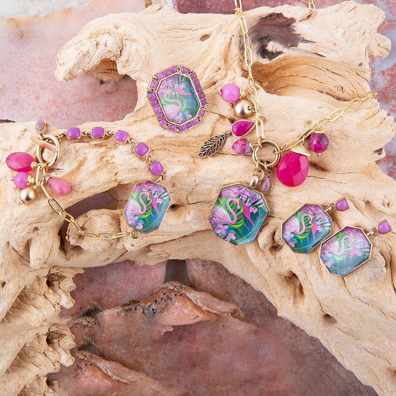 Flamingo Pink Agate Golden Link Bracelet - Barse Jewelry