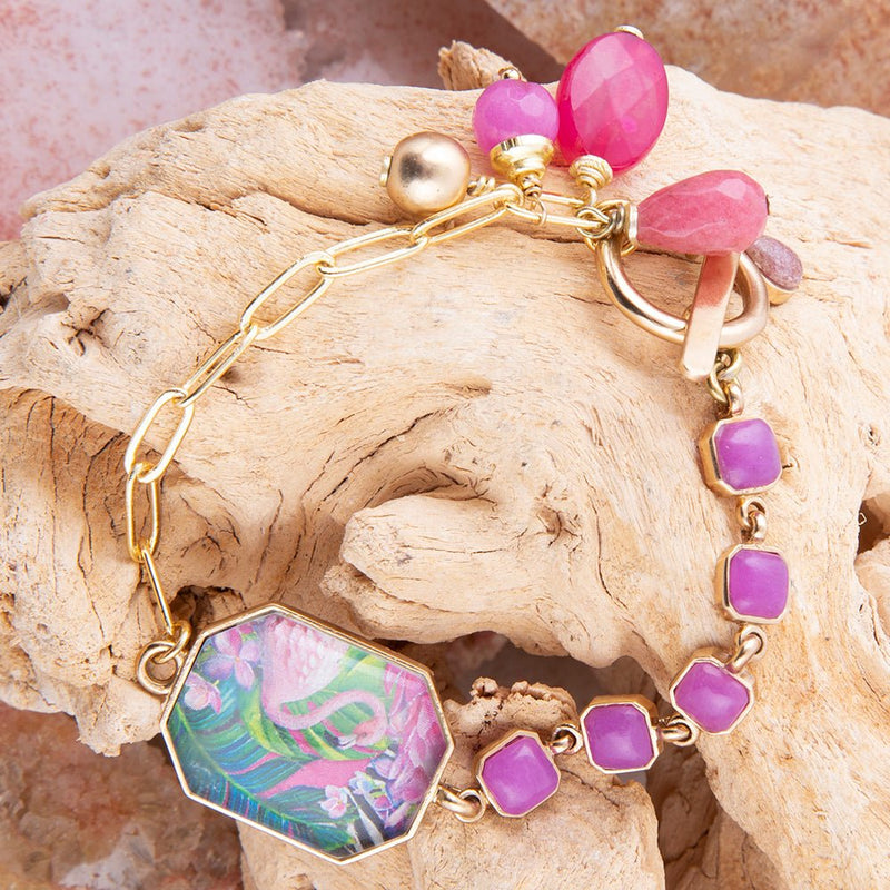 Flamingo Pink Agate Golden Link Bracelet - Barse Jewelry