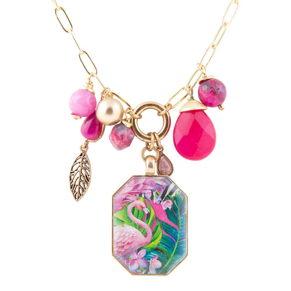 Flamingo Pink Agate Golden Pendant Necklace - Barse Jewelry