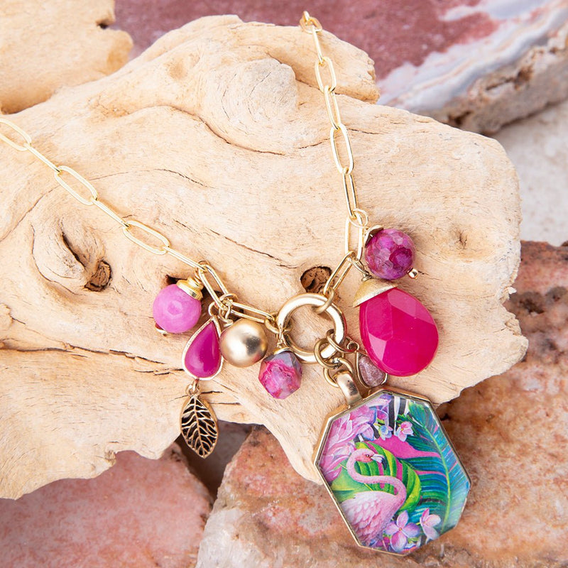 Flamingo Pink Agate Golden Pendant Necklace - Barse Jewelry