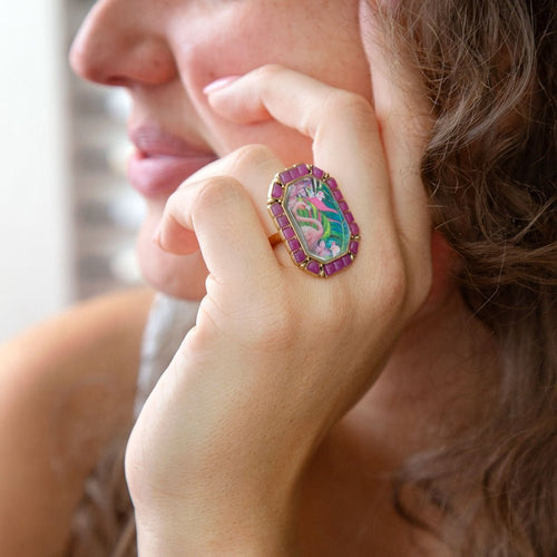 Flamingo Pink Agate Golden Statement Ring - Barse Jewelry