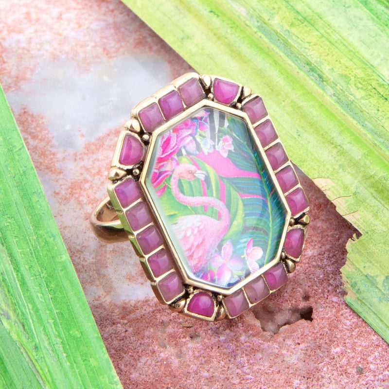 Flamingo Pink Agate Golden Statement Ring - Barse Jewelry