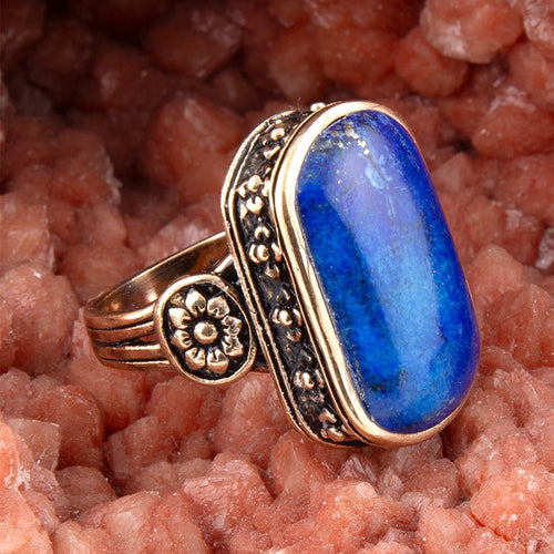 Floral Bloom Blue Lapis Golden Statement Ring - Barse Jewelry