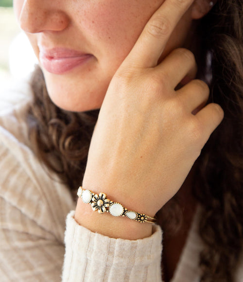 Floral White Mother of Pearl Golden Cuff Bracelet - Barse Jewelry
