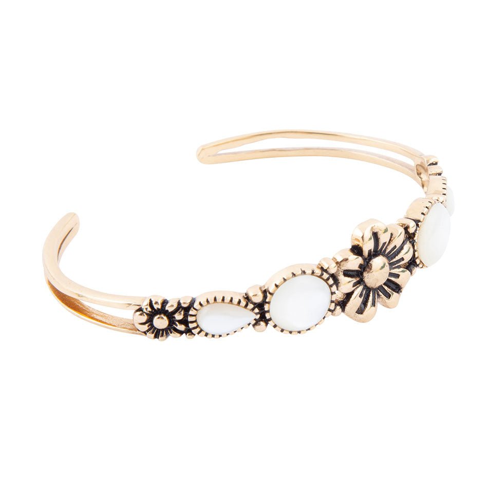 Floral White Mother of Pearl Golden Cuff Bracelet - Barse Jewelry