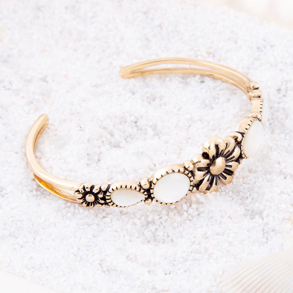 Floral White Mother of Pearl Golden Cuff Bracelet - Barse Jewelry