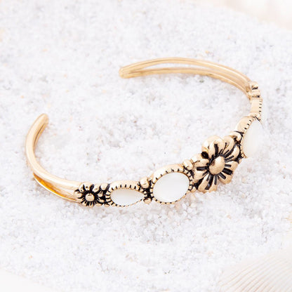 Floral White Mother of Pearl Golden Cuff Bracelet - Barse Jewelry