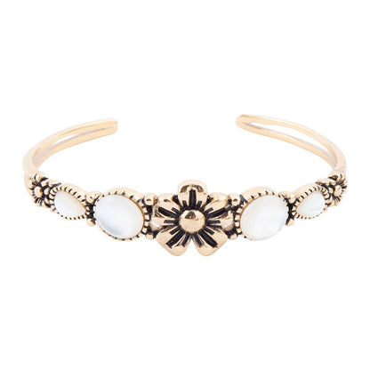 Floral White Mother of Pearl Golden Cuff Bracelet - Barse Jewelry