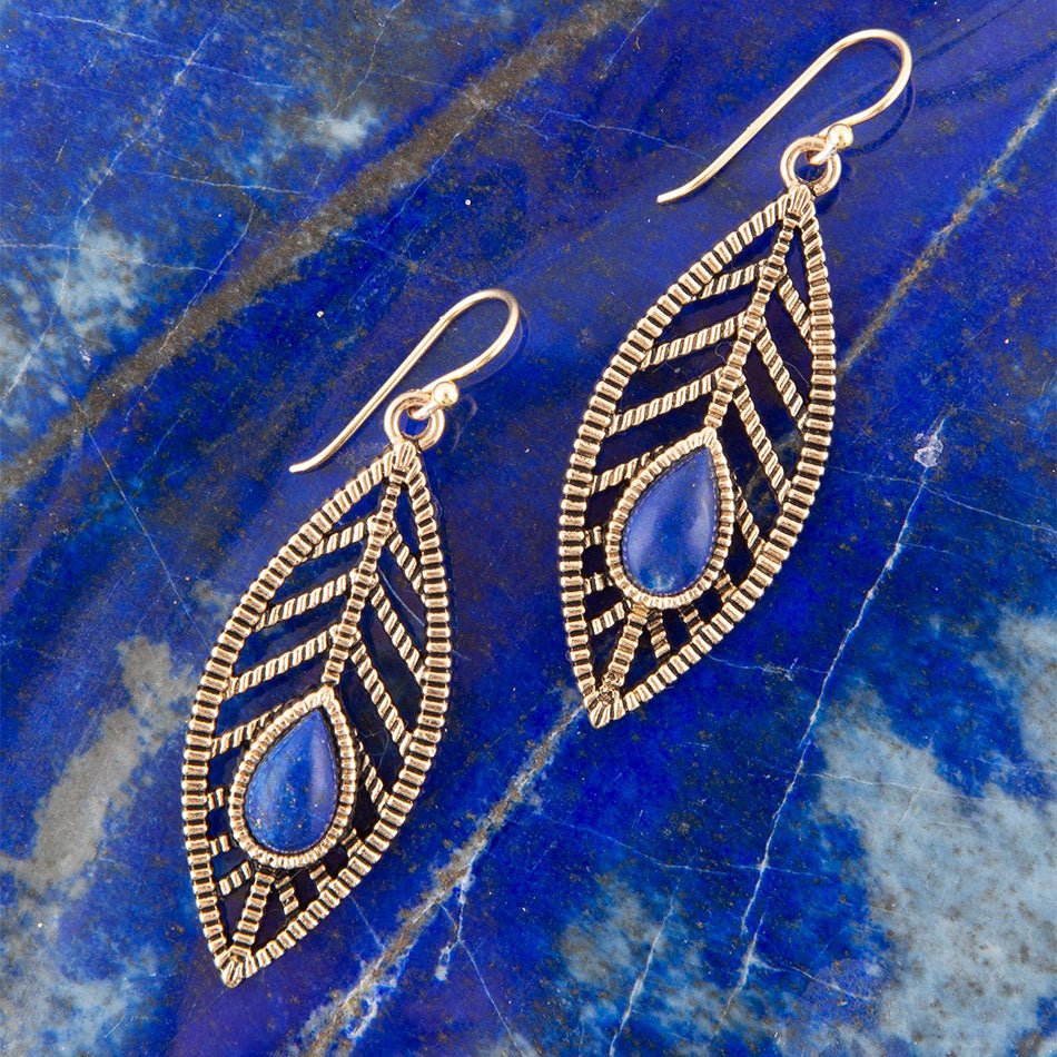 Flourished Blue Lapis Golden Feather Earrings - Barse Jewelry