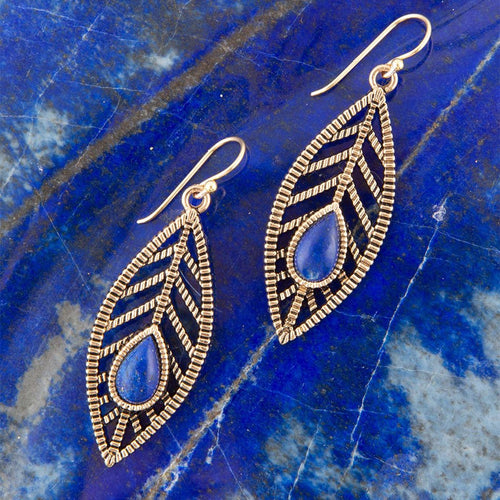 Flourished Blue Lapis Golden Feather Earrings - Barse Jewelry