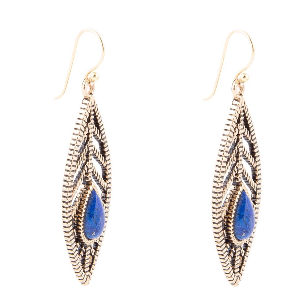 Flourished Blue Lapis Golden Feather Earrings - Barse Jewelry