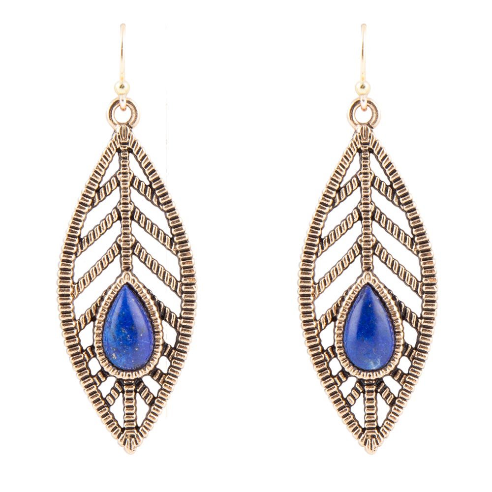 Flourished Blue Lapis Golden Feather Earrings - Barse Jewelry