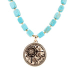 Flourished Golden Bronze Pendant Blue Turquoise Magnesite Necklace - Barse Jewelry