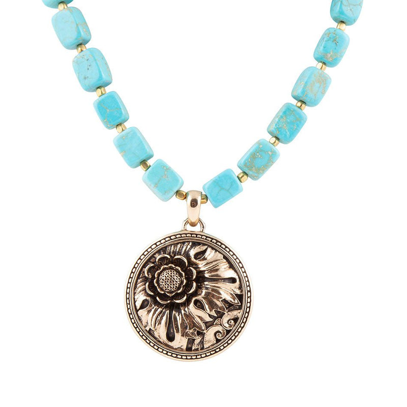 Flourished Golden Bronze Pendant Blue Turquoise Magnesite Necklace - Barse Jewelry