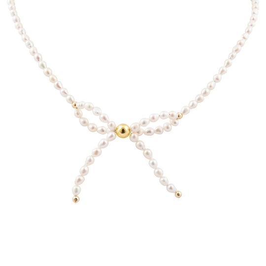 White Freshwater Pearl Bow Golden Necklace