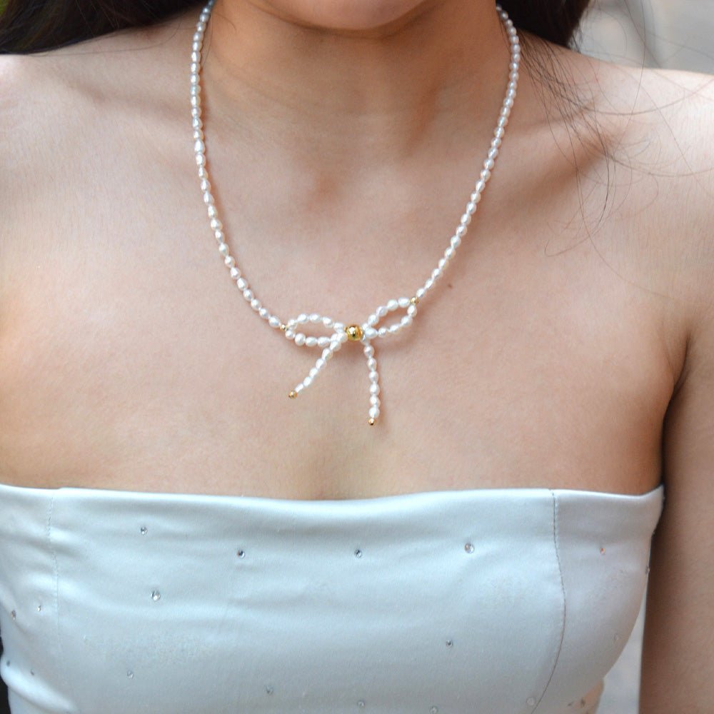 Freshwater Pearl Bow Golden Necklace - Barse Jewelry