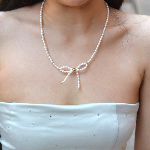Freshwater Pearl Bow Golden Necklace - Barse Jewelry