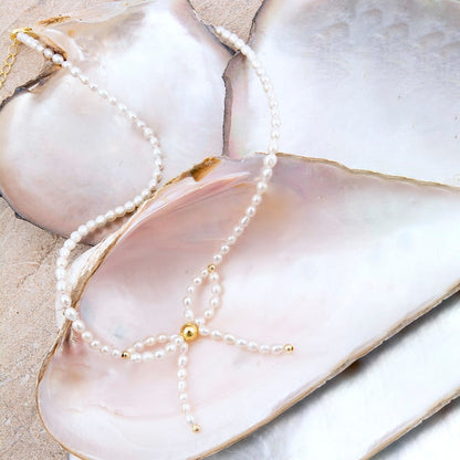 Freshwater Pearl Bow Golden Necklace - Barse Jewelry
