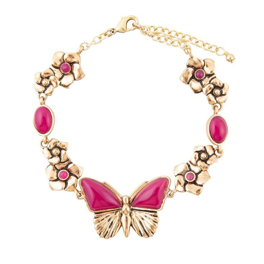 Pink Fuchsia Agate Golden Butterflies Adjustable Bracelet