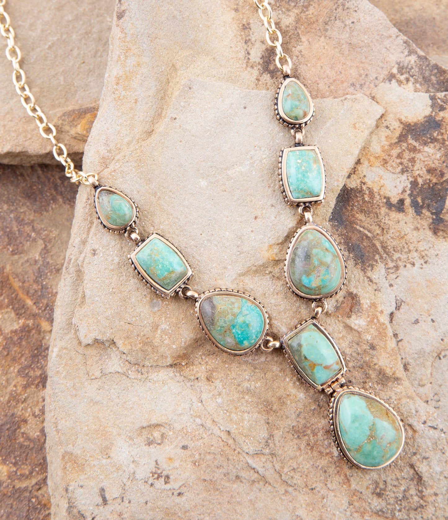 Genuine Blue Turquoise Roped Golden Bronze Y Necklace - Barse Jewelry