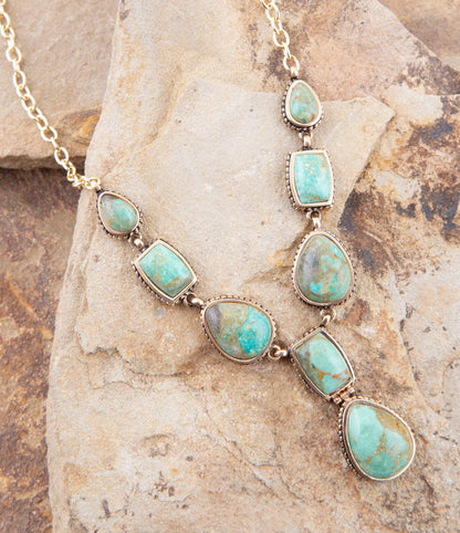 Genuine Blue Turquoise Roped Golden Bronze Y Necklace - Barse Jewelry