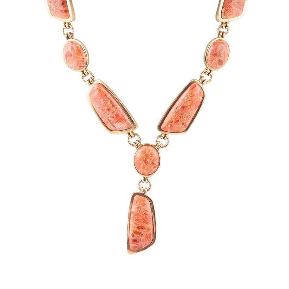 Genuine Orange Sponge Coral Golden Abstract Statement Necklace - Barse Jewelry