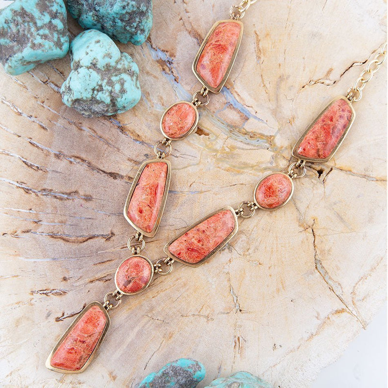 Genuine Orange Sponge Coral Golden Abstract Statement Necklace - Barse Jewelry