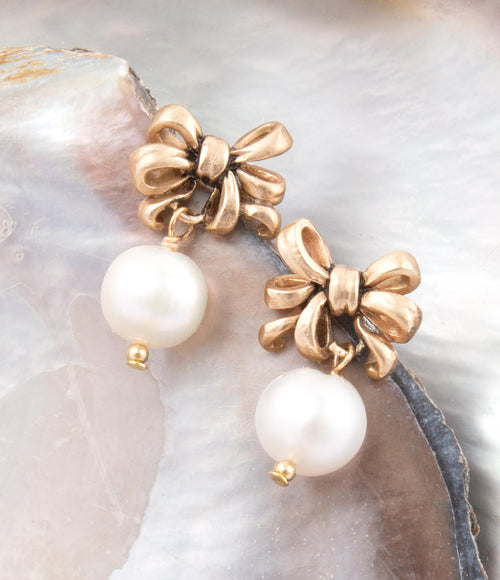 Gifted Freshwater Pearl Bow Golden Drop Earrings - Barse Jewelry