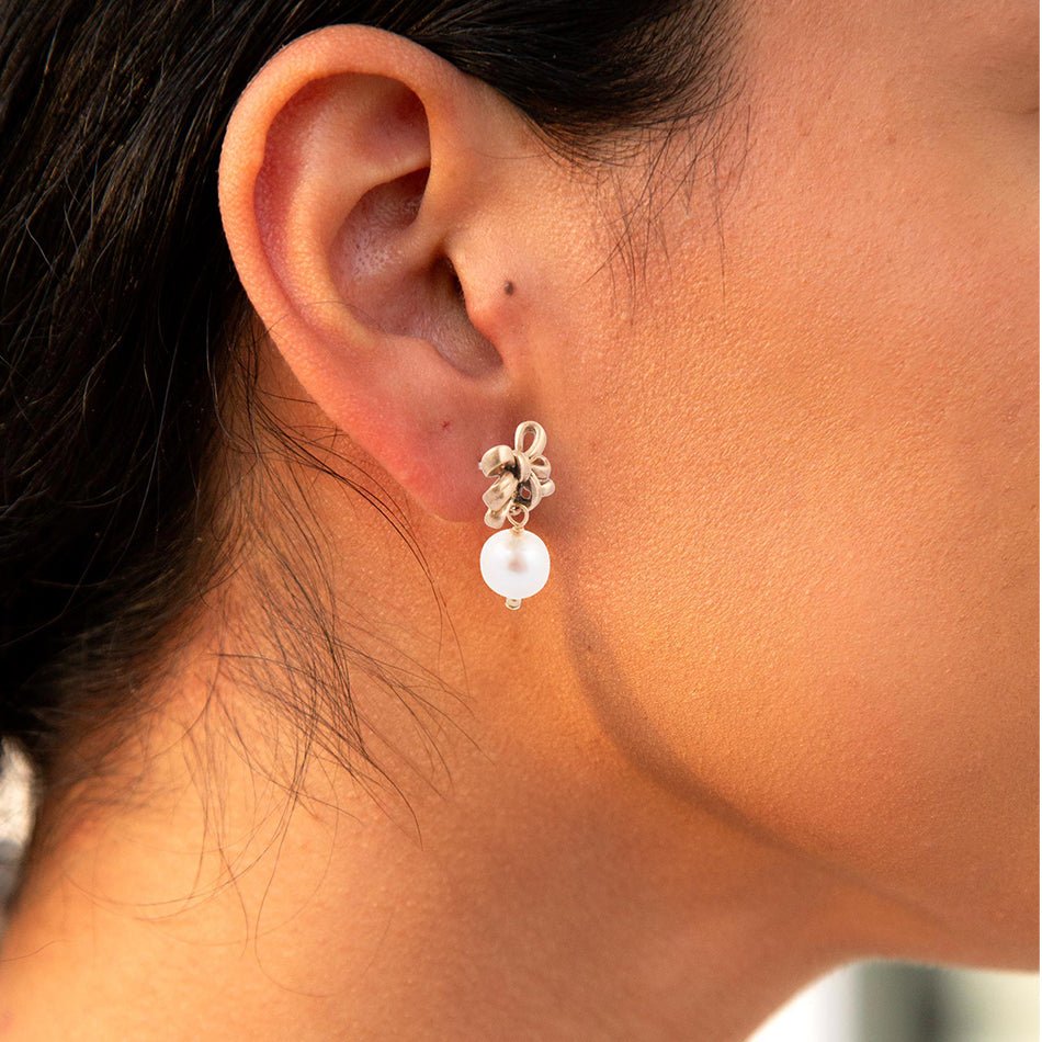 Gifted Freshwater Pearl Bow Golden Drop Earrings - Barse Jewelry