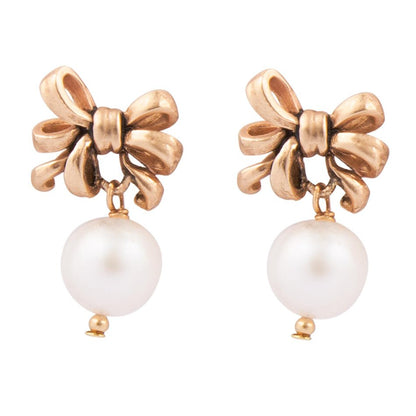 Gifted Freshwater Pearl Bow Golden Drop Earrings - Barse Jewelry