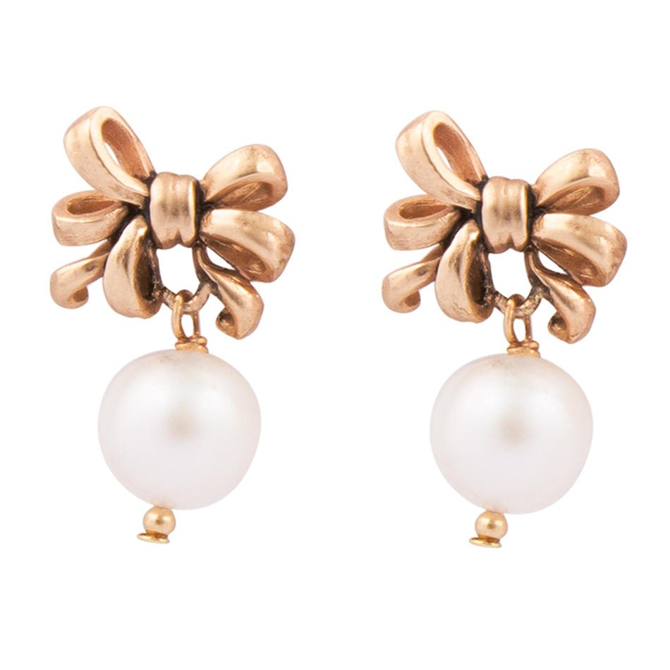 Gifted Freshwater Pearl Bow Golden Drop Earrings - Barse Jewelry