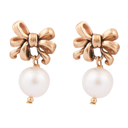Gifted Freshwater Pearl Bow Golden Drop Earrings