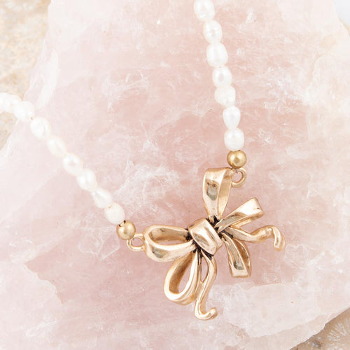Gifted Freshwater White Pearl Golden Bow Pendant Necklace - Barse Jewelry