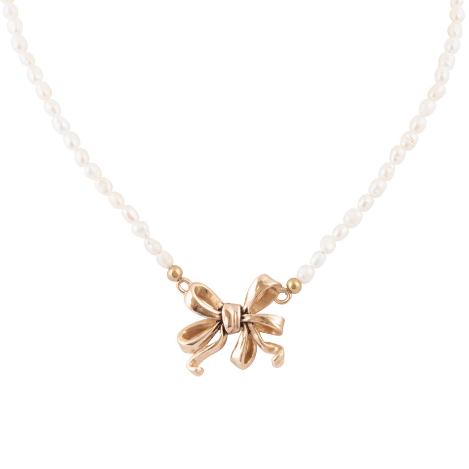 Gifted Freshwater White Pearl Golden Bow Pendant Necklace - Barse Jewelry