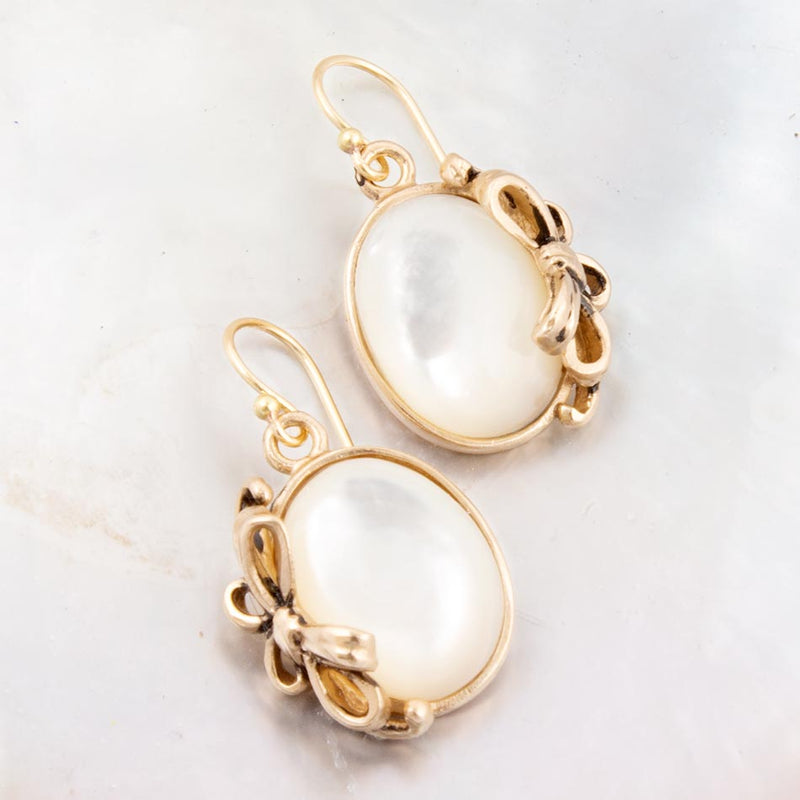 Gifted White Mother of Pearl Golden Bow Drop Earrings - Barse Jewelry
