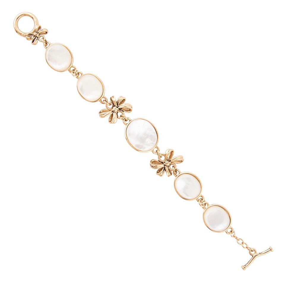 Gifted White Mother of Pearl Golden Bow Link Bracelet - Barse Jewelry
