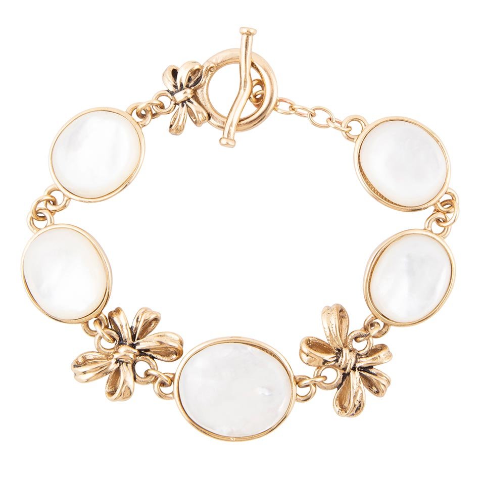 Gifted White Mother of Pearl Golden Bow Link Bracelet - Barse Jewelry