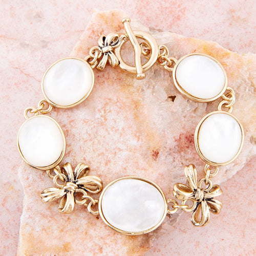 Gifted White Mother of Pearl Golden Bow Link Bracelet - Barse Jewelry