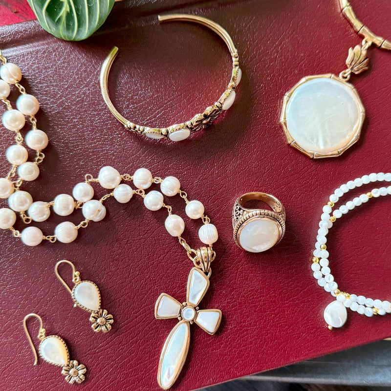 Golden Bronze Chain and White Pearl Cross Pendant Necklaces - Barse Jewelry