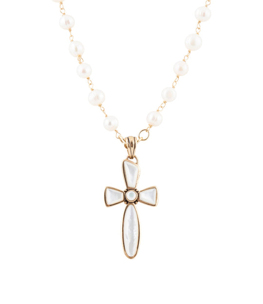 Las Cruces White Pearl Cross Pendant Necklace