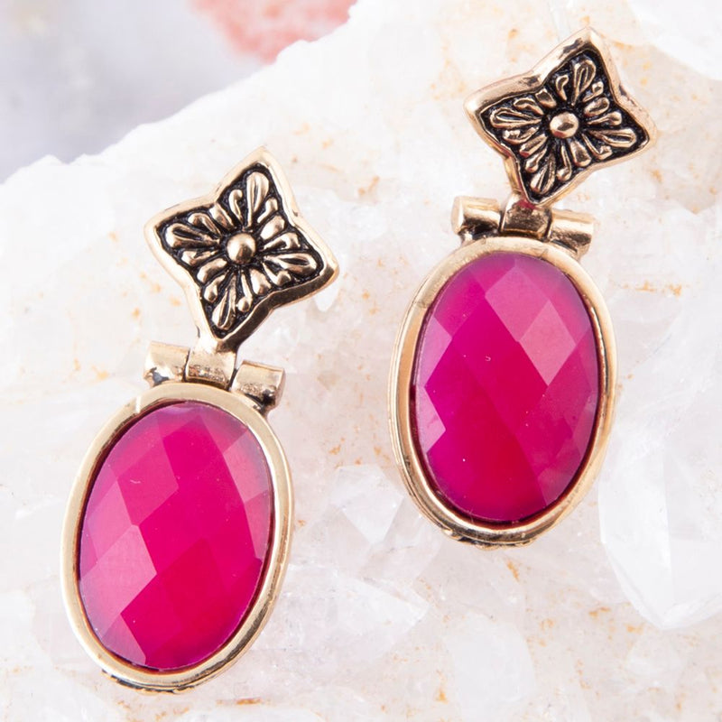 Golden Flower Pink Agate Drop Earrings - Barse Jewelry