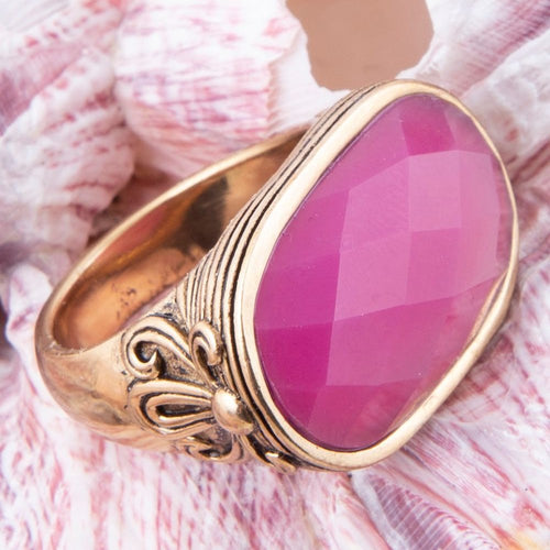 Golden Flower Pink Agate Statement Ring - Barse Jewelry