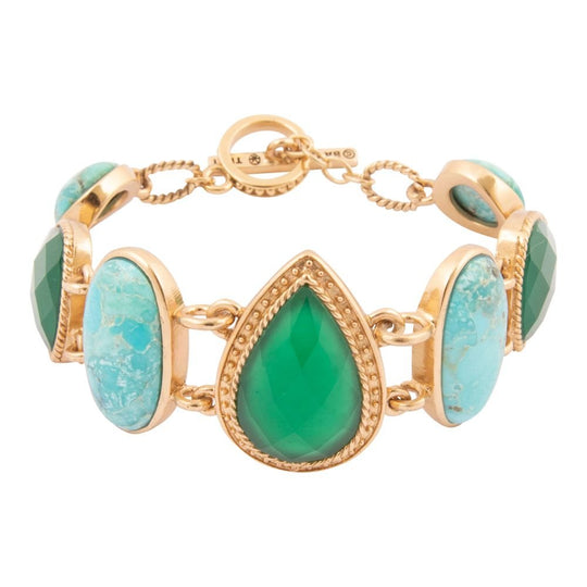 Green Agate and Blue Turquoise Golden Link Bracelet