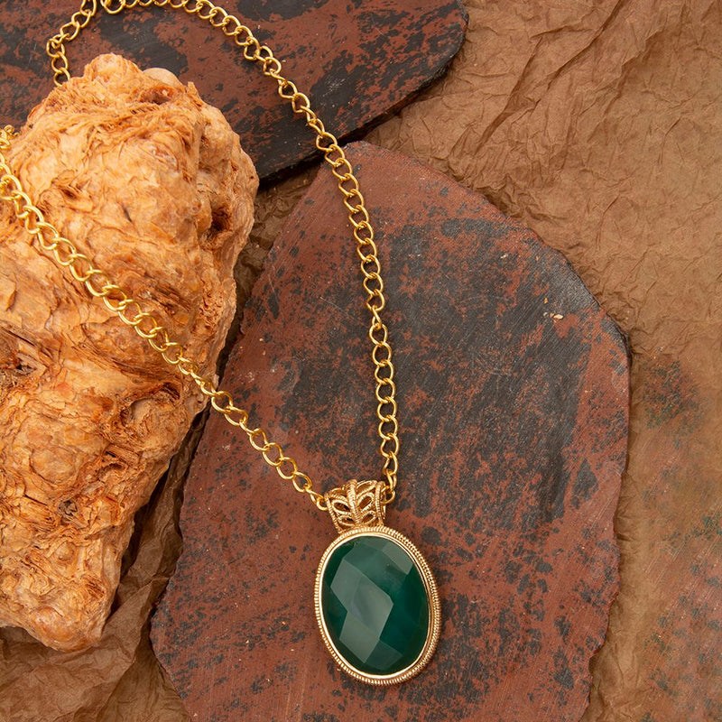 Green Agate Golden Lace Pendant Necklace - Barse Jewelry