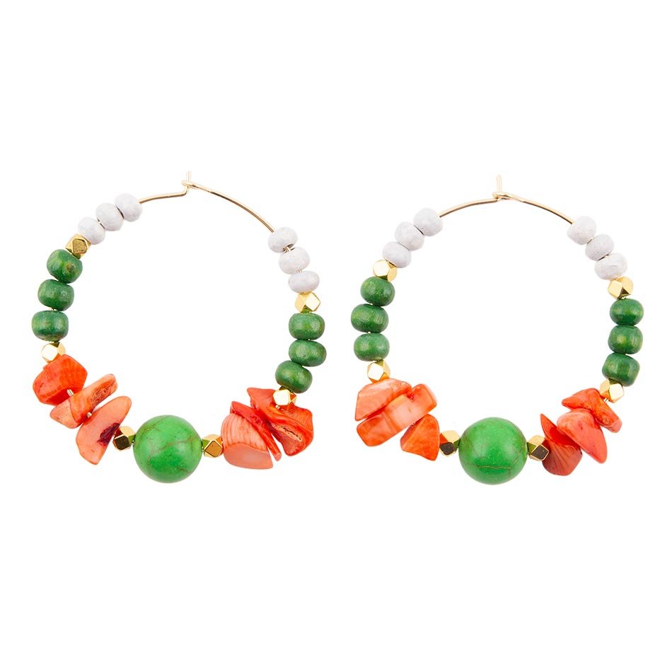 Green and Coral Golden Hoop Earrings - Barse Jewelry