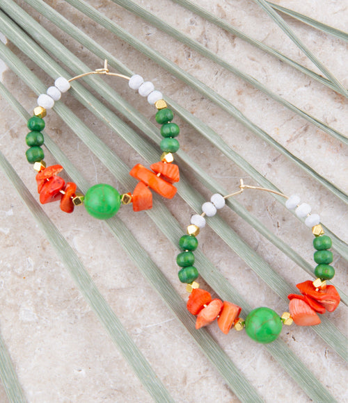 Green and Coral Golden Hoop Earrings - Barse Jewelry